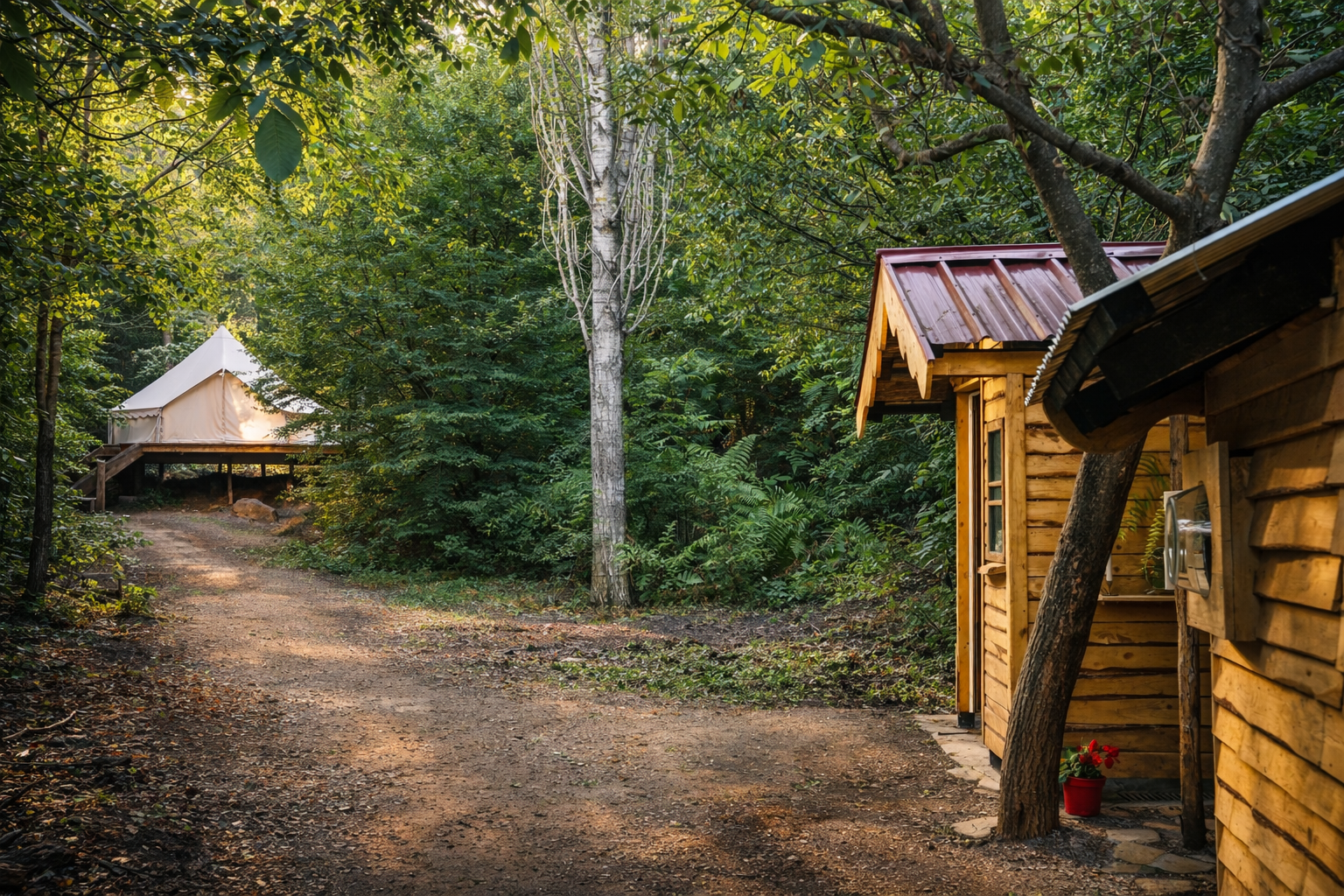 Glamping-Zelt umgeben von üppigem grünem Wald bei PasneserPark