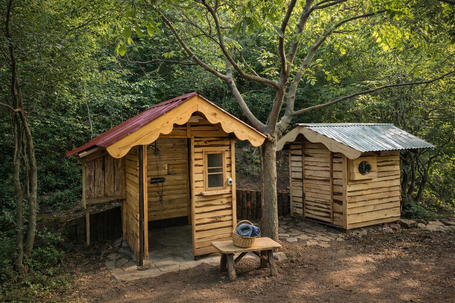 Handgefertigte Holzduschkabine und Öko-Toilette in der Natur
