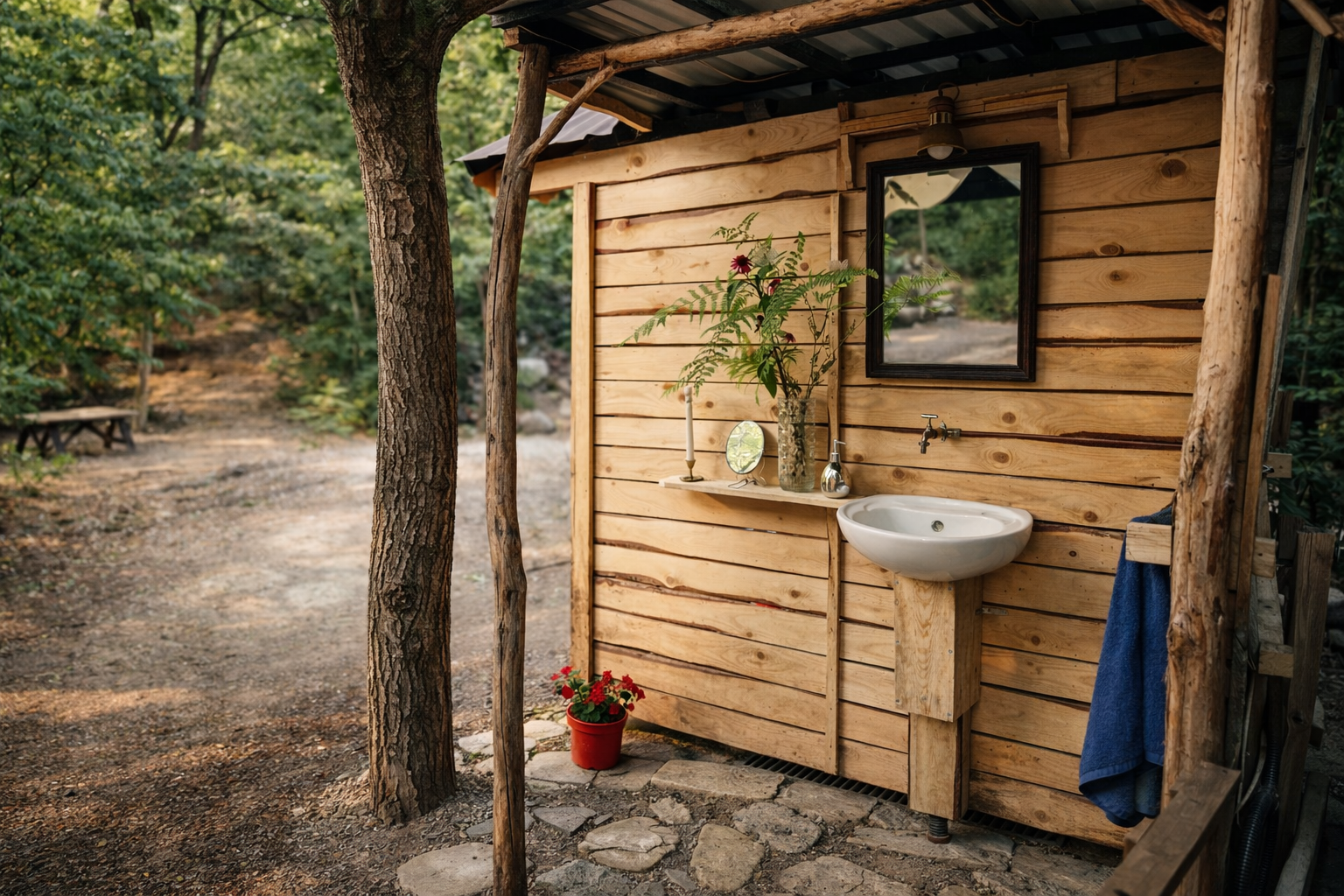 Außenwaschbecken neben der Duschkabine bei PasneserPark Glamping